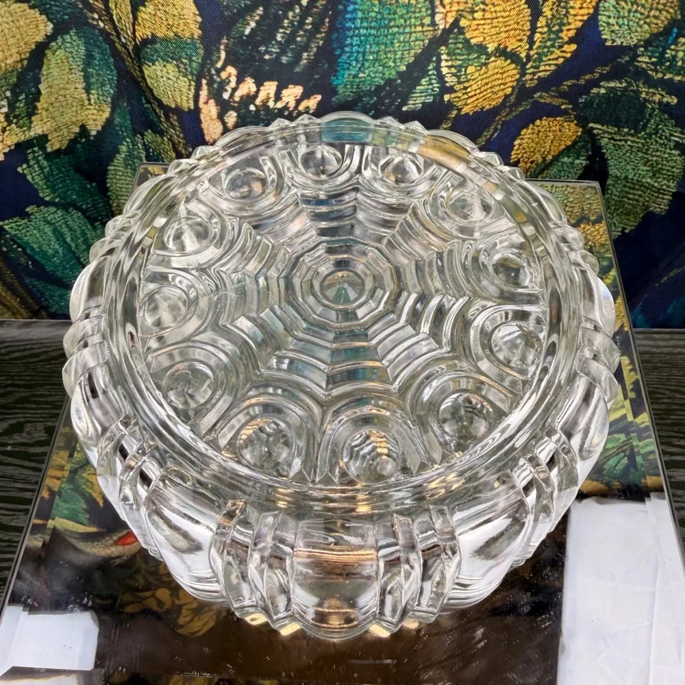 Vintage Hand‎ Painted Pink Rose Ribbed Clear Glass Candy Dish with Lid 5x6